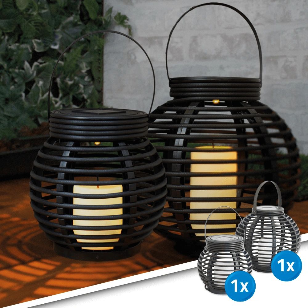 Set van twee stuks solar lantaarn basket small en medium rotanlook lamp op zonne energie