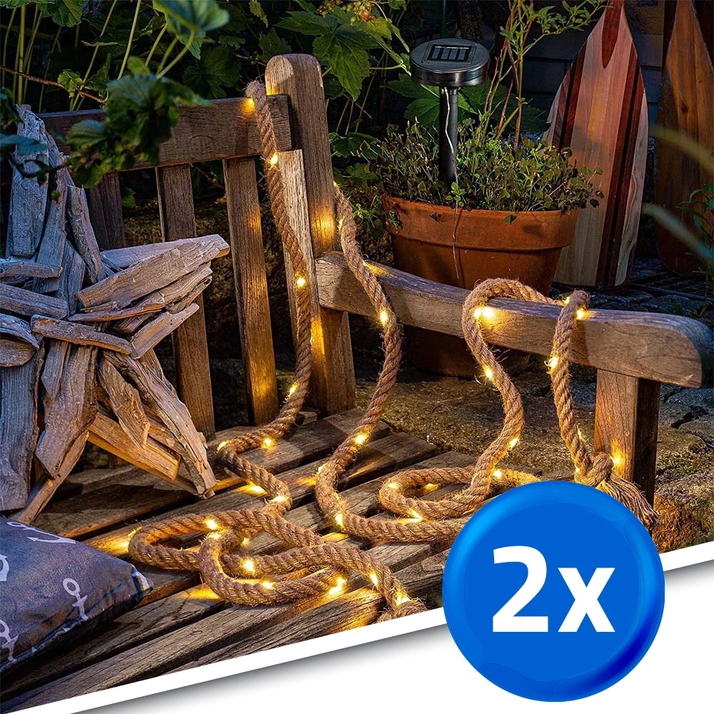 Solar lichtsnoer manilla met 60 warm witte leds 4,5 meter voordeelset 2 stuks