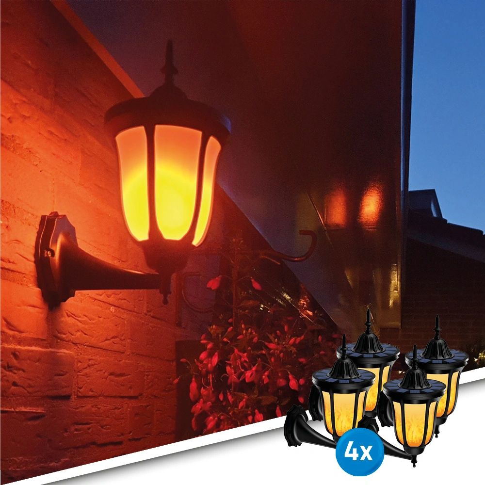 Solar wandlamp pieck met vlameffect en schemersensor voordeelset 4