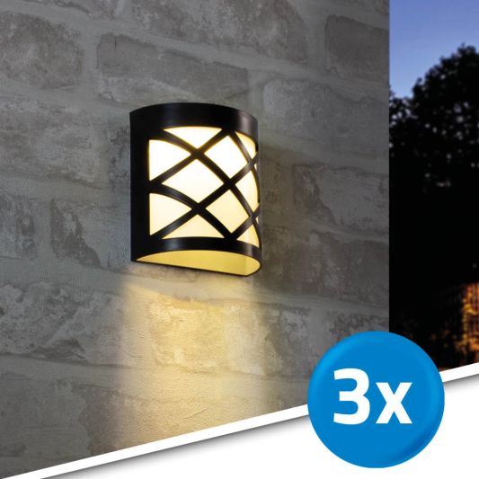 3x Solar wandlamp China zwart 6 leds warm wit buitenlamp op zonne energie