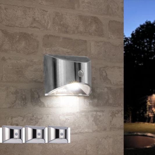 3X Solar wandlamp Flint RVS met bewegingsmelder op zonne energie koud wit