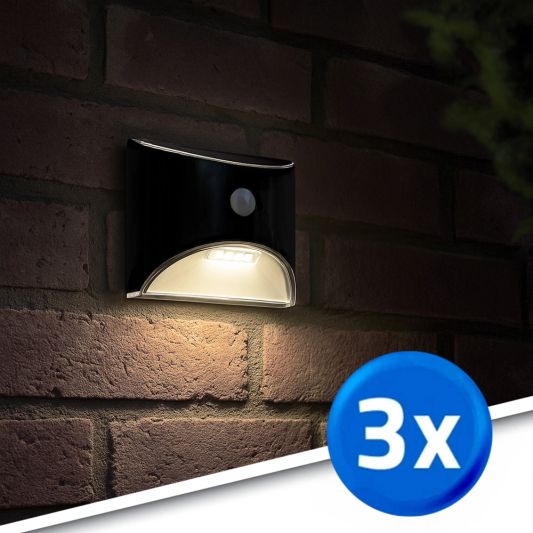 3x Solar wandlamp Flint zwart met bewegingsmelder op zonne energie Warm wit