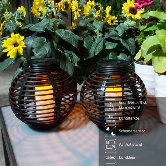 Drie stuks Solar Lantaarn Basket Medium Rotanlook lamp op zonne energie