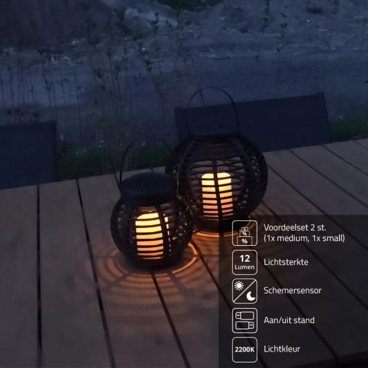 Set van twee stuks Solar Lantaarn Basket Small en Medium Rotanlook lamp op zonne energie