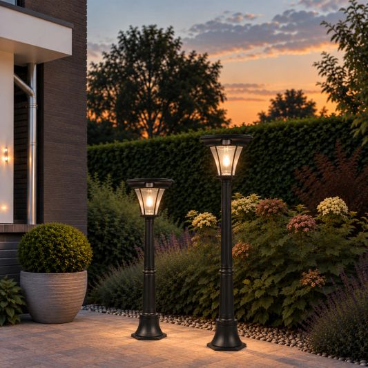 Solar buitenlamp London lantaarn midden hoog zwart op zonne energie