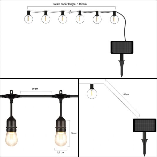 Solar lichtslinger Chain met 15 led filament lampen