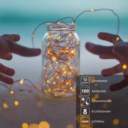 Solar lichtsnoer Twinkle met 100 leds in koperdraad
