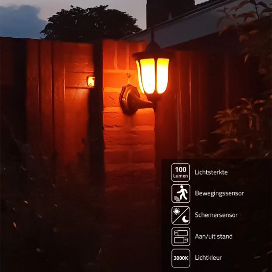 Solar wandlamp Pieck met vlameffect en schemersensor