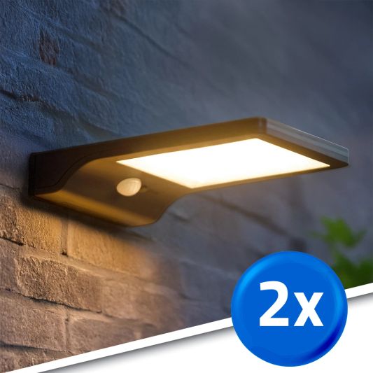 Solar wandlamp Slim met 36 leds en bewegingsmelder Zwart op zonne energie voordeelset van 2 stuks