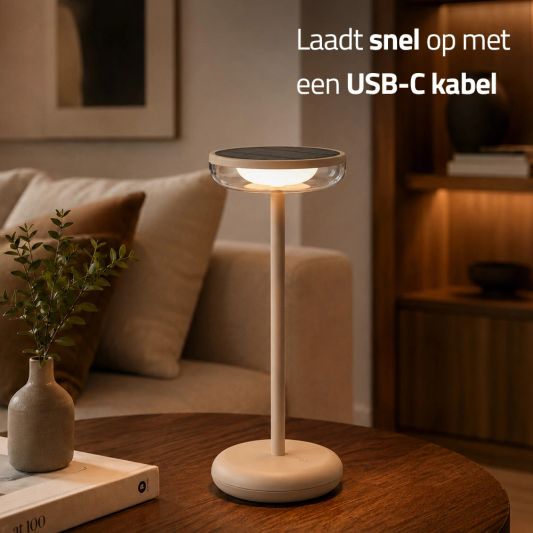 Tafellamp oplaadbaar VITA - USB-C - Touch dimbaar - Op zonne-energie - Warm wit - Zandkleur - Set van 2