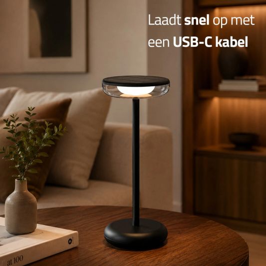 Tafellamp oplaadbaar VITA - USB-C - Touch dimbaar - Op zonne-energie - Warm wit - Zwart - Set van 2