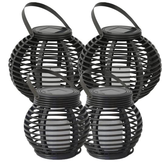 Vier stuks Solar Lantaarn Basket Medium en Small Rotanlook lamp op zonne energie